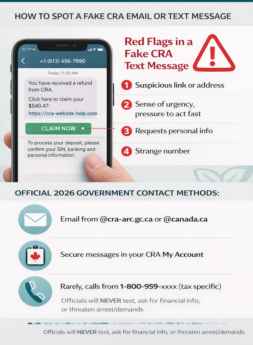 Infographic showing scams communication styles in a fake CRA email message the show official  government contact methods.