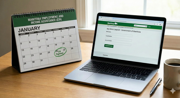 A calendar for Manitoba Employment and Income Assistance (EIA) with monthly payment dates circled, alongside a laptop showing the My Direct Deposit registration screen.