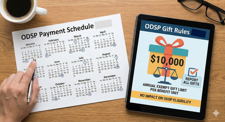 A 2026 Ontario Disability Support Program (ODSP) payment calendar showing monthly deposit dates and a graphic explaining the $10,000 annual gift limit for recipients