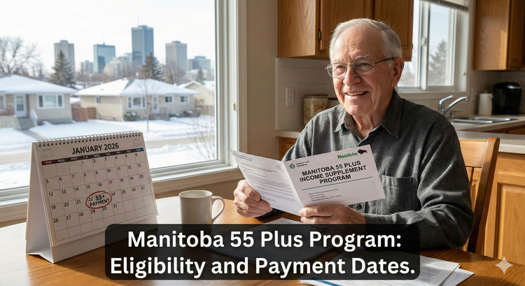A Manitoba senior reviewing a provincial government mailer about the 55 Plus Income Supplement while sitting in a bright kitchen in Winnipeg