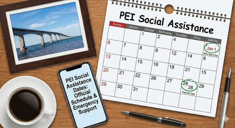 A calendar for Prince Edward Island Social Assistance with payment dates highlighted, alongside an image of the Confederation Bridge representing Island-wide support. 