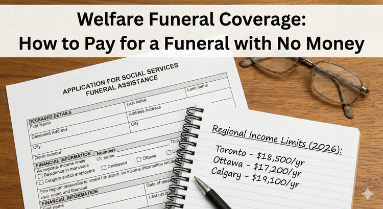 A close-up of a "Social Services" application form for funeral assistance, resting on a desk with a notebook listing regional income limits for Toronto, Ottawa, and Calgary in.