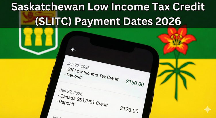 A close-up of a bank transaction on a phone screen showing a 'Saskatchewan Low Income Tax Credit' deposit alongside a federal GST payment