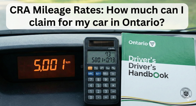 A close-up of a car's digital odometer showing 5,001 kilometers, next to a calculator displaying a 73 cents calculation and a Ontario driver's handbook. 