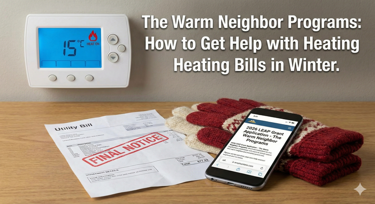 A close-up of a thermostat displaying a low temperature next to a Final Notice utility bill, with a warm pair of knitted gloves and a smartphone showing the LEAP grant application page. 