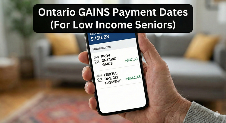 A close-up of an Ontario senior's bank account portal on a smartphone, showing a "PROV ONTARIO GAINS" deposit alongside a federal OAS/GIS payment.