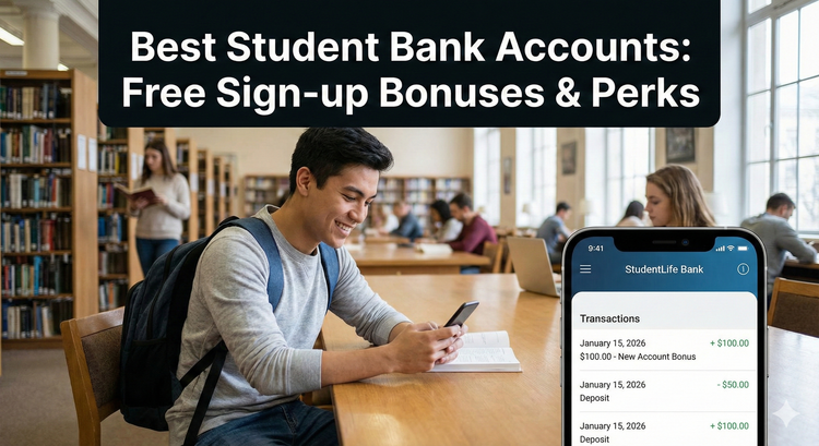 A college student sitting in a university library, looking at a banking app on their smartphone that shows a recent cash bonus deposit from a new student account.