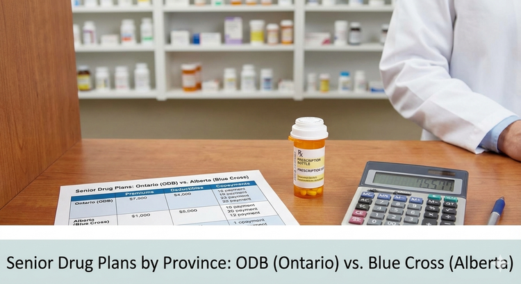 A comparative chart of Ontario and Alberta senior drug plan costs on a pharmacist's counter, next to a prescription bottle and a calculator. for post Senior Drug Plans by Province