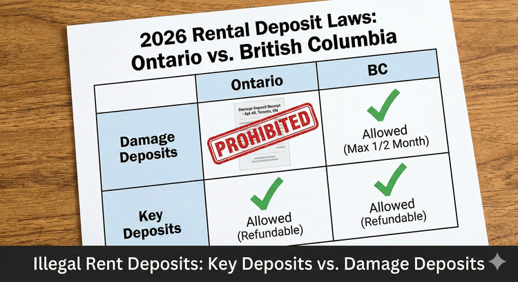 A comparison chart of Ontario and British Columbia rental laws for 2026, showing a Prohibited stamp over a damage deposit receipt for an Ontario apartment.