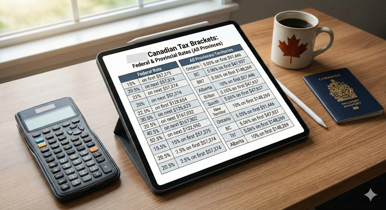 A comprehensive Canadian tax rate chart displayed on a modern tablet, surrounded by a calculator, a Canadian passport, and a coffee mug on a clean office desk.