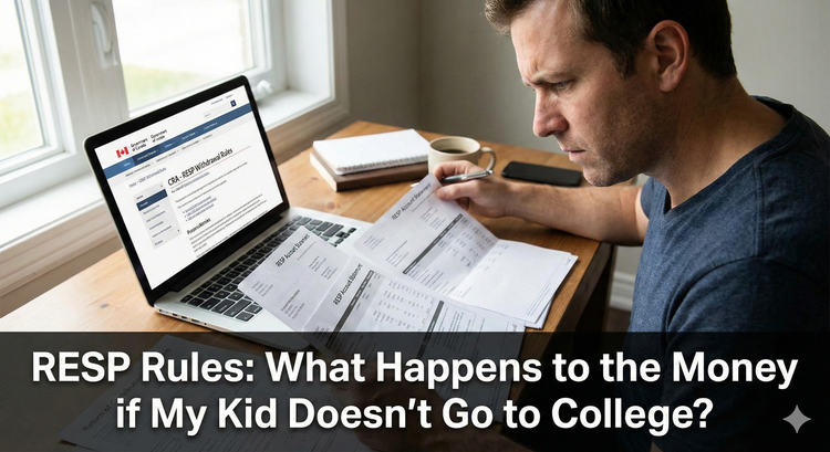 A concerned parent reviewing RESP account statements and a Return of Contributions form on a wooden desk, with a laptop showing the CRA's rules for non-educational withdrawals.