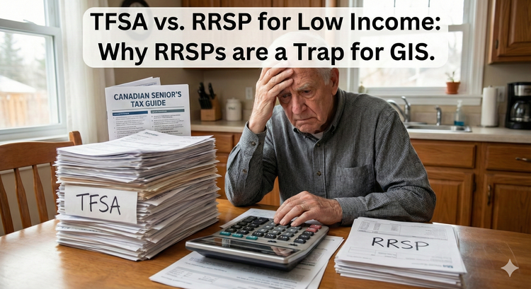 A concerned senior sitting at a kitchen table with a calculator and two stacks of paper labeled TFSA (high stack) and RRSP (low stack), with a Canadian tax guide open in the background.