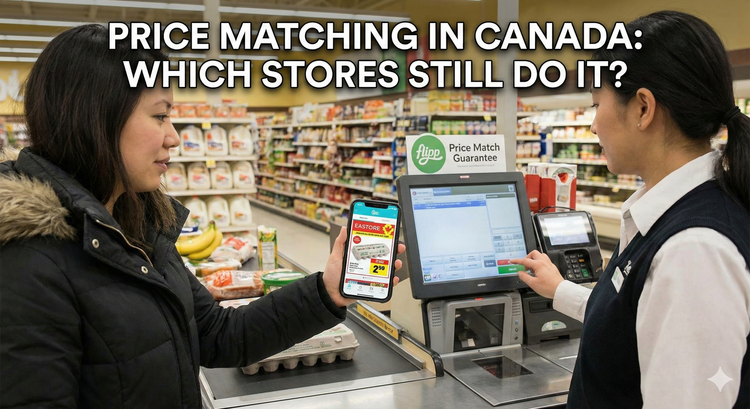 A customer at a grocery store checkout lane holding a smartphone with the Flipp app open, showing a lower price from a competitor to a cashier who is adjusting the price on the register.