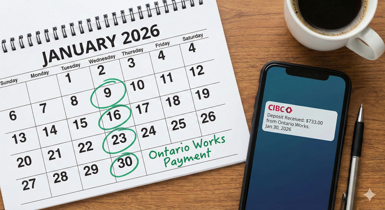 A detailed calendar for showing Ontario Works payment dates circled in Green, with a smartphone displaying a Deposit Received notification from a Canadian bank.