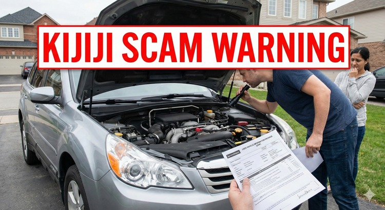 A detailed inspection of a used car in a driveway where a buyer is checking the VIN number on the dashboard and comparing it to a UVIP document, with Kijiji Scam Warning