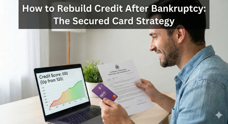 A determined Canadian man sitting at a desk with his bankruptcy discharge certificate, holding a new purple Neo Financial secured card, with a laptop showing a rising credit score