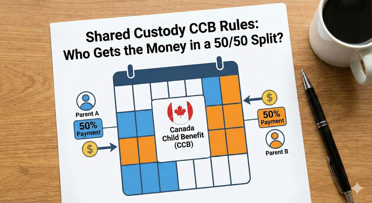 A diagram showing a calendar divided into blue and orange weeks to represent a 5050 shared custody schedule, with the Canada Child Benefit logo in the center and a 50% 