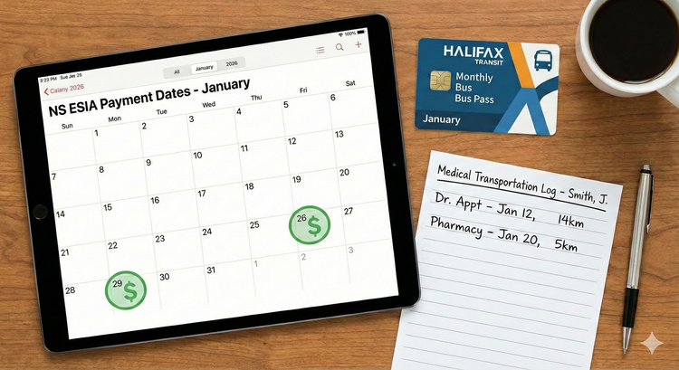 A digital calendar for Nova Scotia Employment Support and Income Assistance (ESIA) with payment dates highlighted, alongside a Halifax Transit bus pass and a medical transportation log.