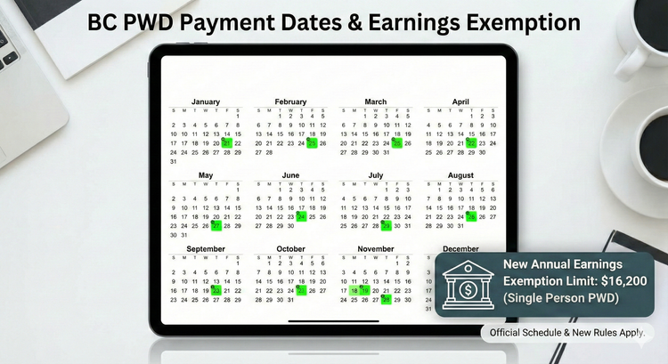 A digital calendar for highlighting British Columbia’s PWD payment dates in green, with an overlay showing a Bank Account visual representing the $16,200 Annual Earnings Exemption limit.