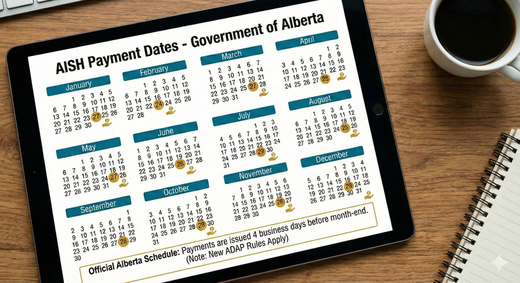 A digital calendar for 2026 with Alberta's official AISH payment dates highlighted in gold, showing the 4 business days before month-end