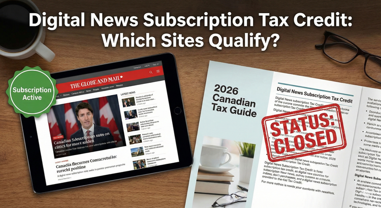 A digital tablet displaying a news website with a Subscription Active badge, placed next to a 2026 Canadian tax guide with a Status Closed stamp over the Digital News Tax Credit section.