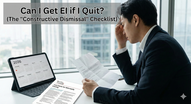 A frustrated professional standing at an office window, holding a resignation letter, with a digital calendar and a Service Canada Just Cause guide visible on a desk nearby.