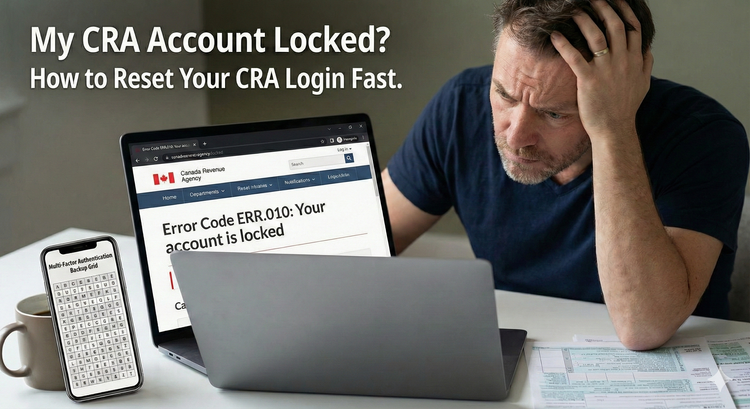 A frustrated taxpayer looking at a laptop screen displaying Error Code ERR.010 Your account is locked, with a smartphone nearby ready to use the 2026 multi-factor authentication backup grid.