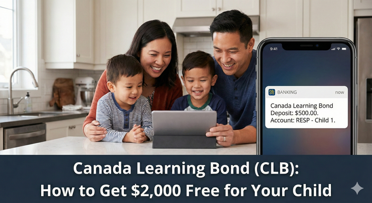 A happy Canadian family looking at a digital tablet together, showing a bank notification of a $500 Canada Learning Bond deposit into their child's Registered Education Savings Plan (RESP)