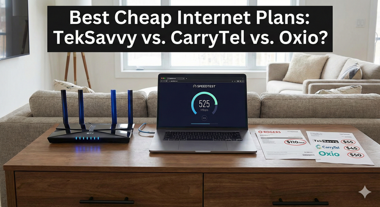 A high-speed internet router in a modern living room with a laptop showing a speed test result over 500Mbps and a side-by-side bill comparison between a major telecom and an independent ISP.