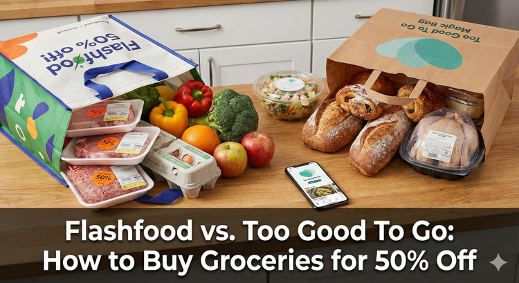  one bag showing Flashfloods types and anther bag on the right showing food type Too Good To Go and Groceries for 50% Off