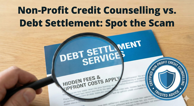 A magnifying glass hovering over a glossy Debt Settlement brochure, revealing hidden fees in the fine print, next to a certified Non-Profit Credit Counselling badge