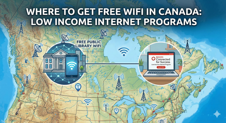 A map of Canada overlaid with digital connectivity icons, showing a smartphone connected to a free public library wifi network and a laptop displaying the Rogers Connected