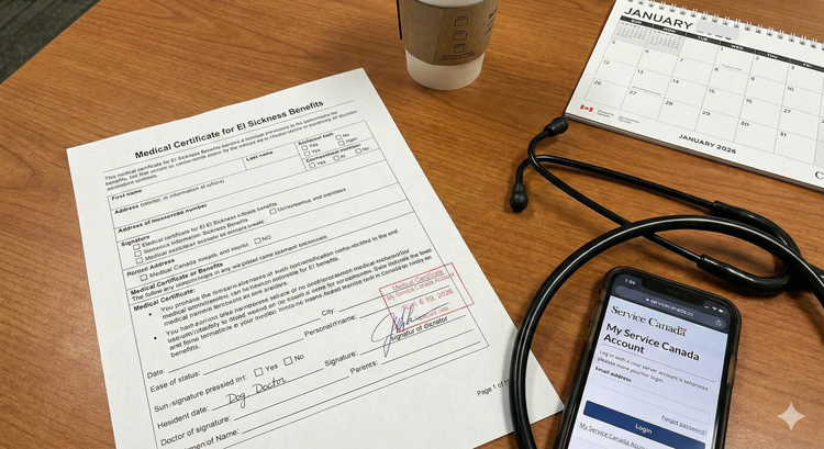 A medical certificate form resting on a wooden table next to a stethoscope and a smartphone displaying a Service Canada login page, with a calendar in the background.