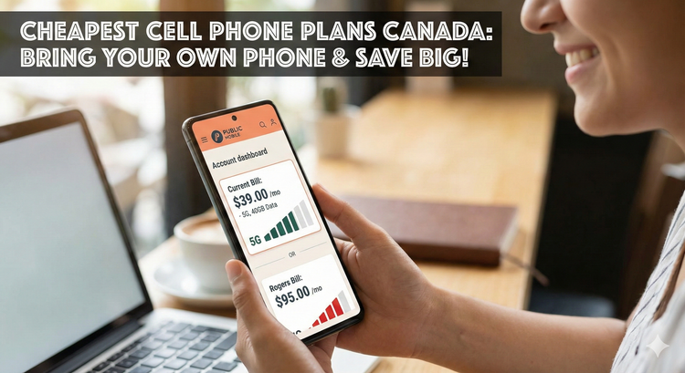 A person holding a sleek, refurbished smartphone showing a 5G signal bar and a Public Mobile account dashboard with a monthly bill under $40 compared to a high-cost Rogers bill.