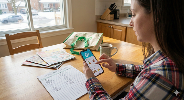 A person sitting at a kitchen table in a brightly lit Canadian home, using a smartphone with grocery saving apps open while reviewing a simplified monthly budget spreadsheet
