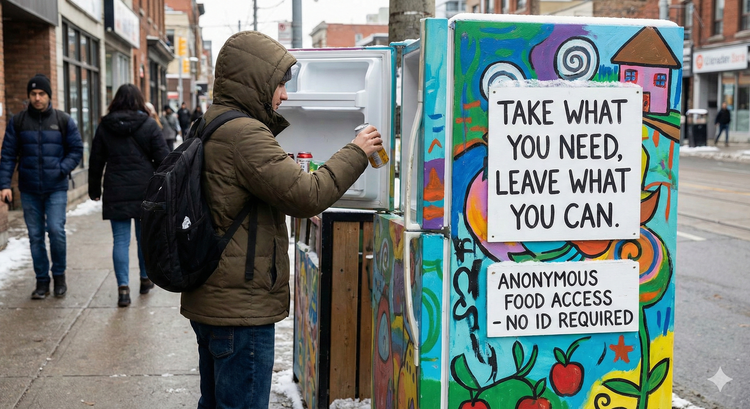 A person standing in front of a colorful community fridge on a Canadian street, with a sign saying Take what you need, leave what you can