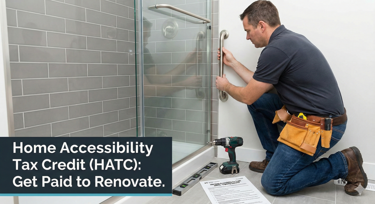A professional contractor installing a silver grab bar in a modern tiled bathroom, with a printed CRA Home Accessibility Tax Credit checklist and a set of tools nearby.