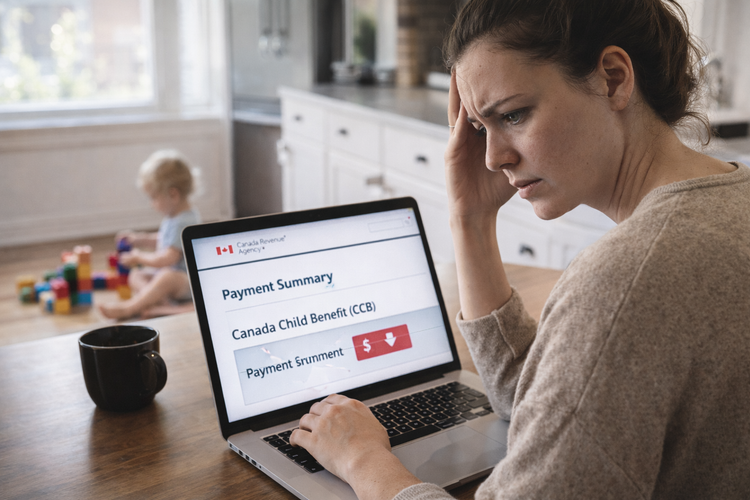 A realistic, emotional photo of a mother sitting at a kitchen table, looking at her laptop with a confused and worried expression. On the screen, 