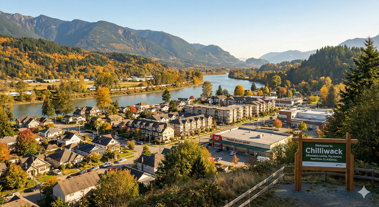 A scenic view of the Fraser River valley in British Columbia, featuring affordable residential housing nestled between mountains and local amenities