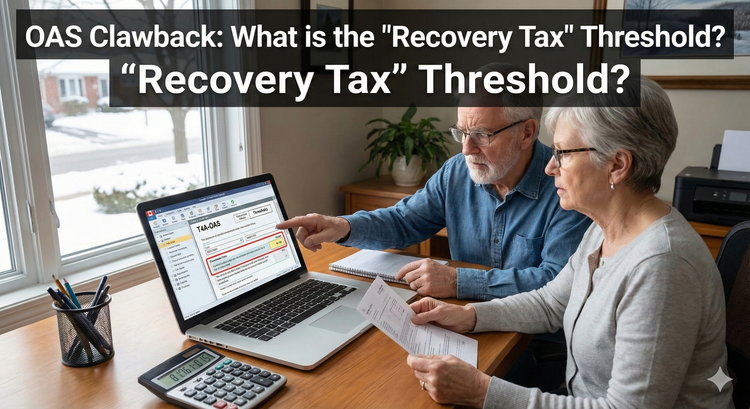 A senior Canadian couple reviewing their T4A-OAS slip and tax return on a laptop, with a calculator showing the 15% recovery tax calculation for the tax year.
