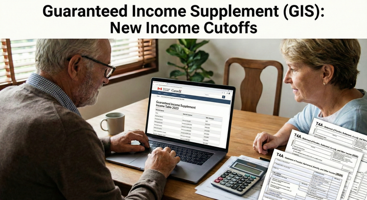 A senior couple calculating their retirement budget with the GIS income table visible on a laptop screen alongside their T4A slips.