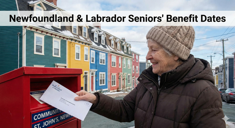 A senior in St. John's, Newfoundland, checking her mail for a provincial benefit notice, with the iconic colorful 'Jellybean Row' houses in the background.