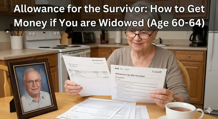 A senior woman looking at her bank statement with a sense of relief, next to a photo of her late husband and an official Service Canada 'Allowance for the Survivor' information sheet.