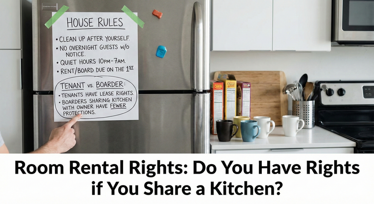 A shared kitchen space in a modern home with a handwritten list of House Rules on the fridge, highlighting the legal distinction between a boarder and a tenant 