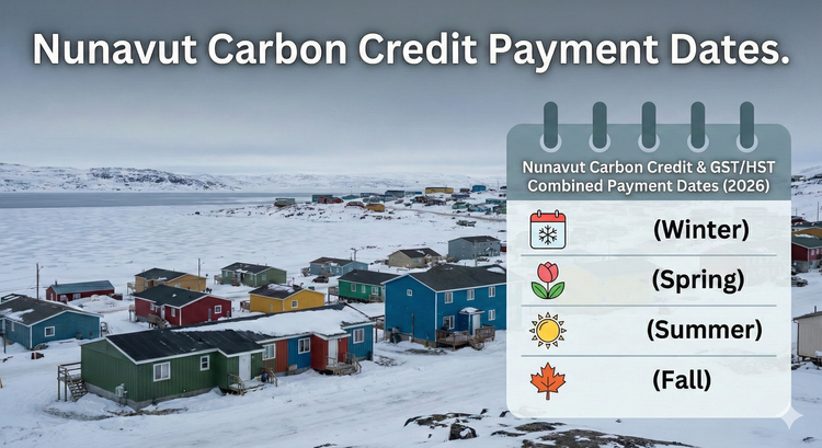 A snowy landscape in Iqaluit, Nunavut, with a digital overlay showing the GSTHST and Nunavut Carbon Credit combined payment dates