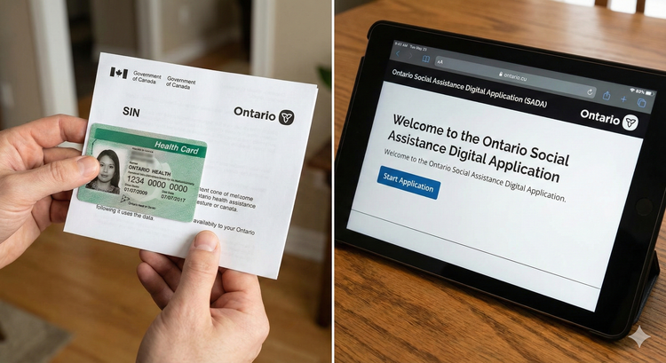 A split-screen showing a person holding an Ontario Health Card and SIN document on one side, and the official Ontario Social Assistance Digital Application (SADA)