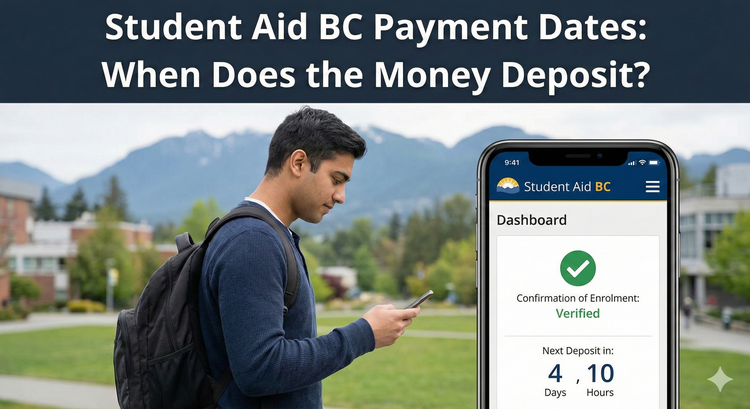A student in British Columbia looking at a smartphone with the Student Aid BC dashboard open, showing a 'Confirmation of Enrolment' status and a countdown to the next deposit date