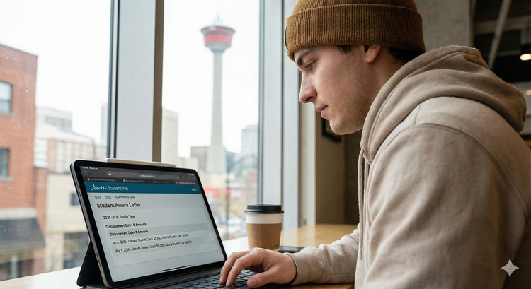 A student in Calgary using a tablet to log into the Alberta Student Aid portal, with the 'Student Award Letter' visible, showing upcoming disbursement dates and grant amounts.
