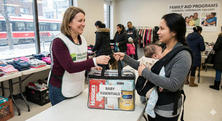 A supportive volunteer in a Canadian community center handing a Baby Essentials package containing diapers, wipes, and infant formula to a mother, representing local family aid programs in