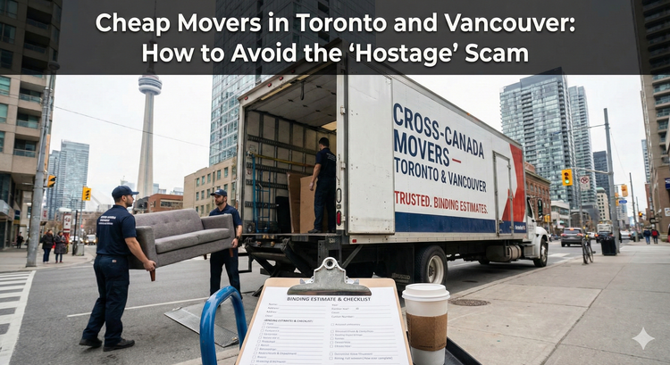 A team of professional movers loading a branded truck in downtown Toronto, with a checklist and a written binding estimate visible in the foreground. 